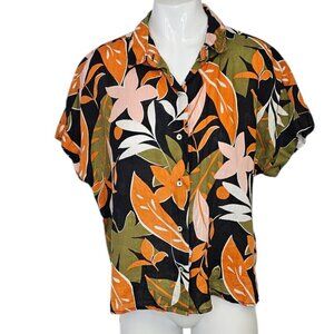 C&C California Womens 100% Linen Floral Button Up Short Sleeve Shirt, Size Small